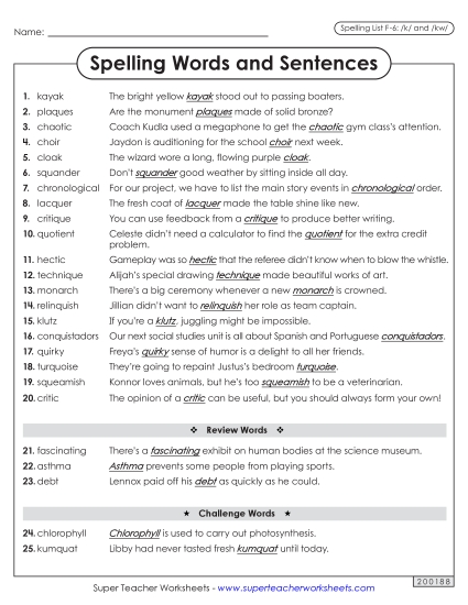 Spelling Test - Spelling Sentences (F-6) (Printable PDF Worksheet)