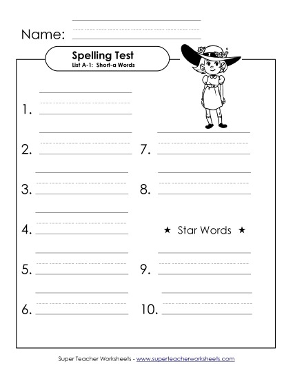 Spelling Test - Spelling Test (A-1) (Printable PDF Worksheet)