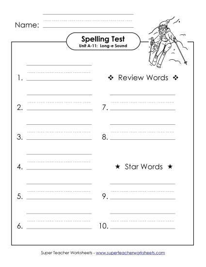 Spelling Test - Spelling Test (A-11) (Printable PDF Worksheet)