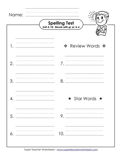 Spelling Test - Spelling Test (A-14) (Printable PDF Worksheet)