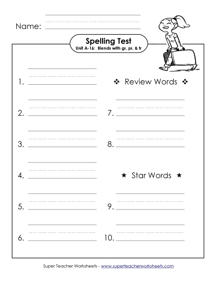 Spelling Test - Spelling Test (A-16) (Printable PDF Worksheet)