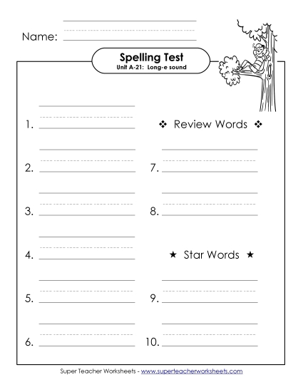 Spelling Test - Spelling Test (A-21) (Printable PDF Worksheet)