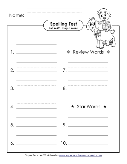 Spelling Test - Spelling Test (A-22) (Printable PDF Worksheet)