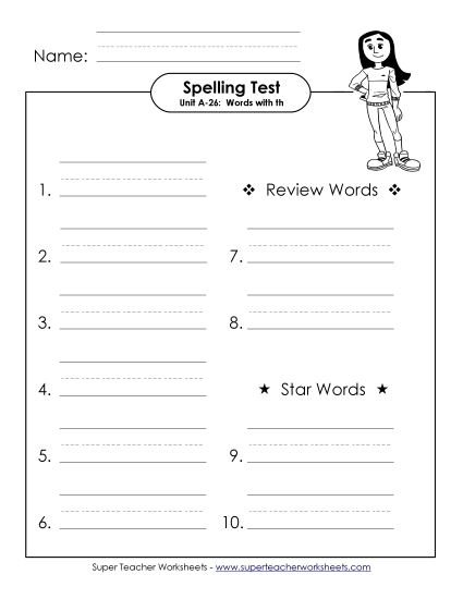 Spelling Test - Spelling Test (A-26) (Printable PDF Worksheet)