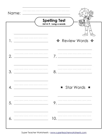 Spelling Test - Spelling Test (A-9) (Printable PDF Worksheet)