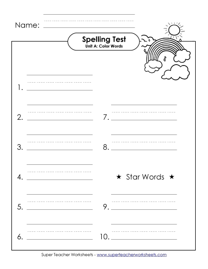 Spelling Test - Spelling Test (A-Color Words)  (Printable PDF Worksheet)