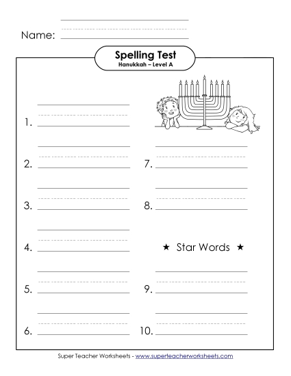 Spelling Test - Spelling Test (A-Hanukkah)  (Printable PDF Worksheet)