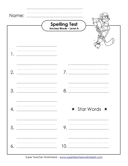 Spelling Test - Spelling Test (A-Hockey Words)  (Printable PDF Worksheet)