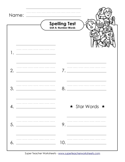 Spelling Test - Spelling Test (A-Number Words)  (Printable PDF Worksheet)