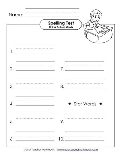 Spelling Test - Spelling Test (A-School Words)  (Printable PDF Worksheet)