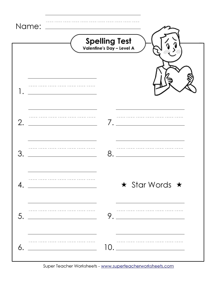 Spelling Test - Spelling Test (A-Valentine's Day)  (Printable PDF Worksheet)