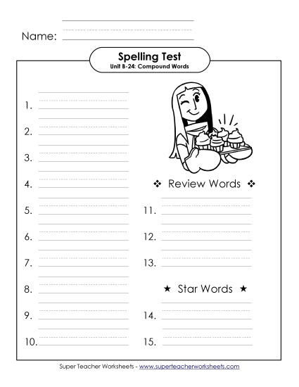 Spelling Test - Spelling Test (B-24) (Printable PDF Worksheet)