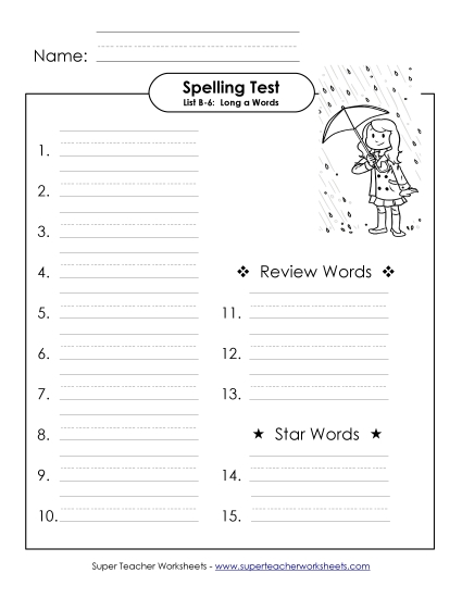 Spelling Test - Spelling Test B-6 (Printable PDF Worksheet)