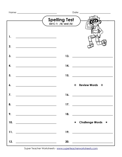 Spelling Test - Spelling Test (C-1) (Printable PDF Worksheet)