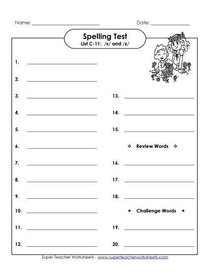 Spelling Test - Spelling Test (C-11) (Printable PDF Worksheet)