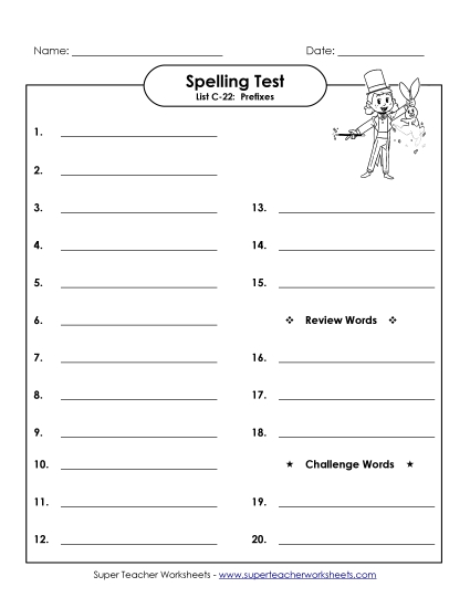 Spelling Test - Spelling Test (C-22) (Printable PDF Worksheet)