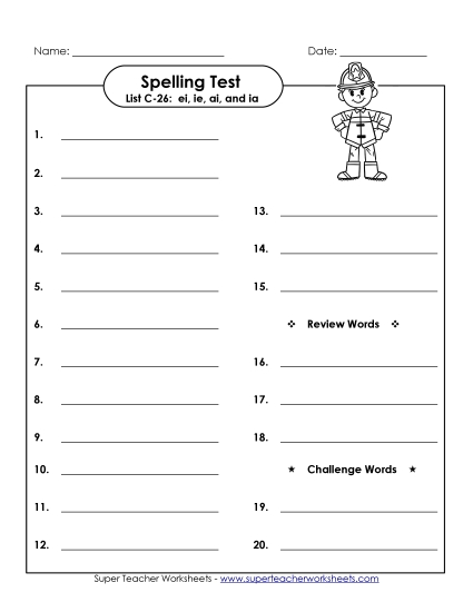 Spelling Test - Spelling Test (C-26) (Printable PDF Worksheet)