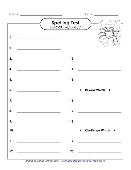 Spelling Test - Spelling Test (C-27) (Printable PDF Worksheet)