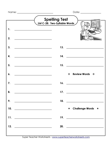 Spelling Test - Spelling Test (C-28) (Printable PDF Worksheet)