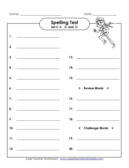 Spelling Test - Spelling Test (C-3) (Printable PDF Worksheet)