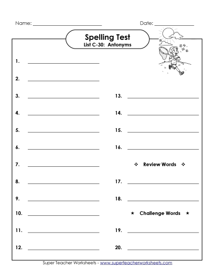 Spelling Test - Spelling Test (C-30) (Printable PDF Worksheet)