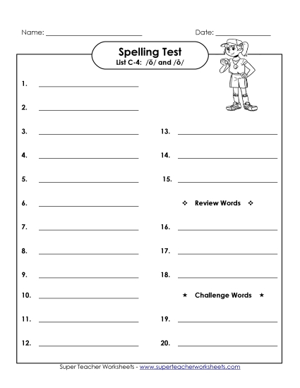 Spelling Test - Spelling Test (C-4) (Printable PDF Worksheet)