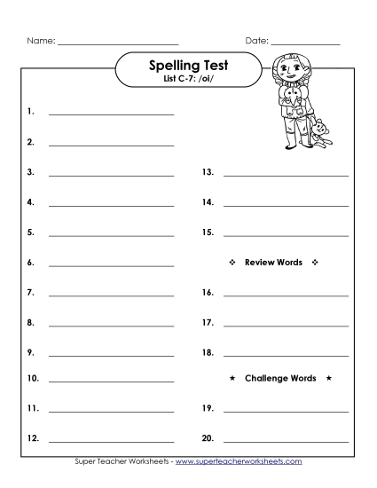 Spelling Test - Spelling Test (C-7) (Printable PDF Worksheet)