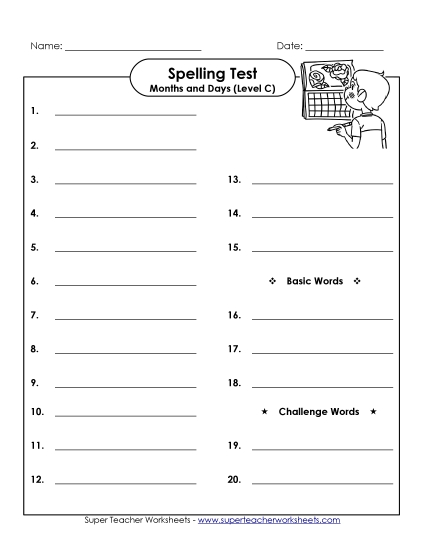 Spelling Test - Spelling Test (C-Months and Days)  (Printable PDF Worksheet)