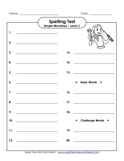 Spelling Test - Spelling Test (C-Simple Machines Words)  (Printable PDF Worksheet)