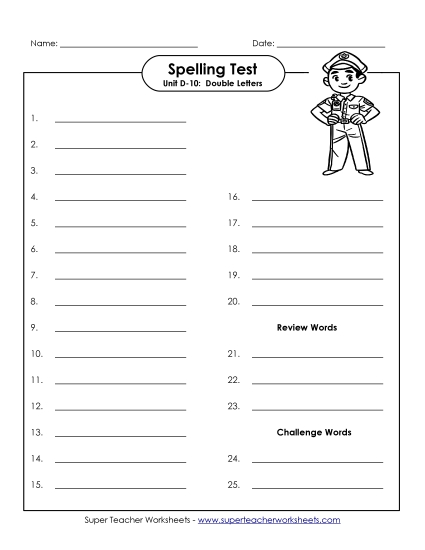 Spelling Test - Spelling Test (D-10) (Printable PDF Worksheet)