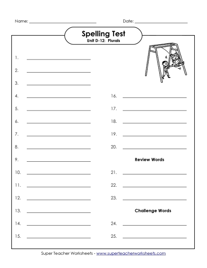 Spelling Test - Spelling Test (D-12) (Printable PDF Worksheet)