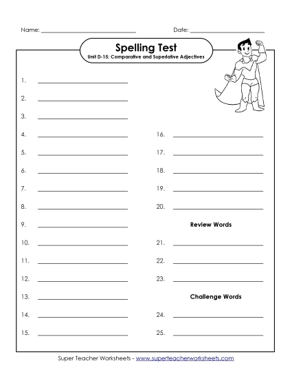 Spelling Test - Spelling Test (D-15) (Printable PDF Worksheet)