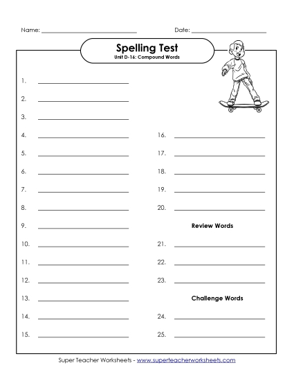 Spelling Test - Spelling Test (D-16) (Printable PDF Worksheet)