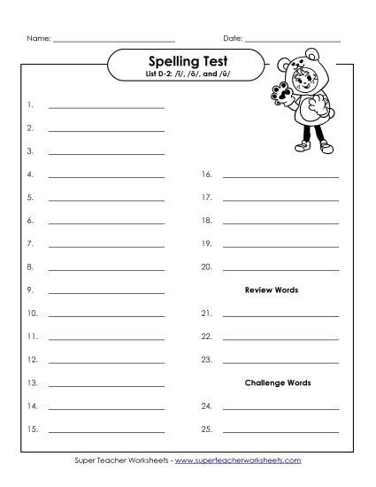 Spelling Test - Spelling Test (D-2) (Printable PDF Worksheet)