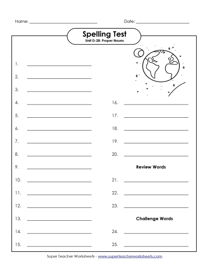 Spelling Test - Spelling Test (D-28) (Printable PDF Worksheet)