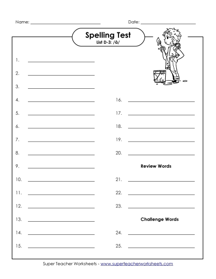 Spelling Test - Spelling Test D-3 (Printable PDF Worksheet)