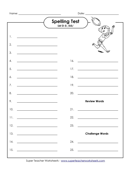 Spelling Test - Spelling Test (D-5) (Printable PDF Worksheet)