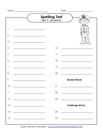 Spelling Test - Spelling Test (E-1) (Printable PDF Worksheet)