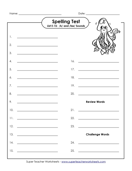 Spelling Test - Spelling Test (E-15) (Printable PDF Worksheet)