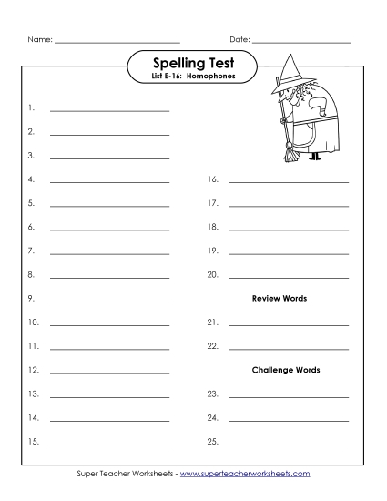 Spelling Test - Spelling Test (E-16) (Printable PDF Worksheet)