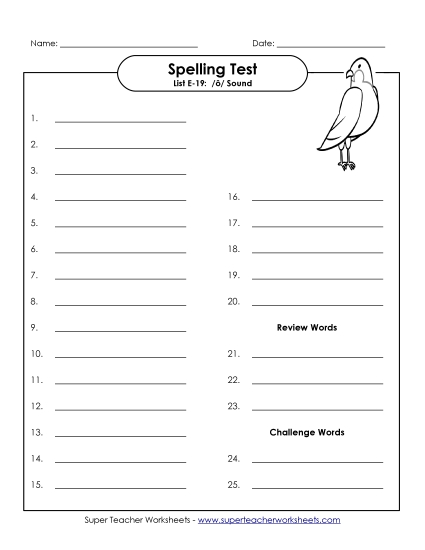 Spelling Test - Spelling Test (E-19) (Printable PDF Worksheet)
