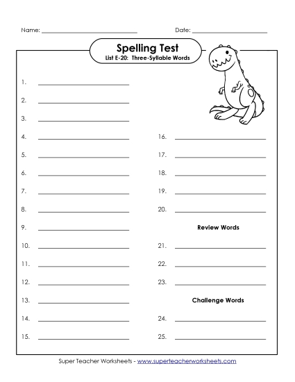 Spelling Test - Spelling Test (E-20) (Printable PDF Worksheet)