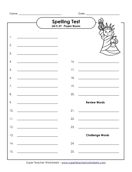 Spelling Test - Spelling Test (E-27) (Printable PDF Worksheet)
