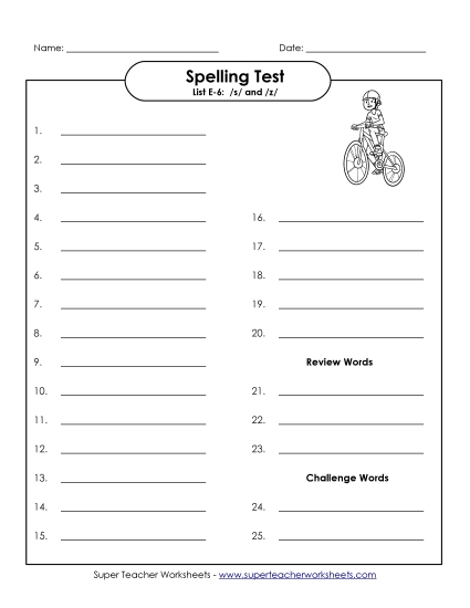 Spelling Test - Spelling Test (E-6) (Printable PDF Worksheet)