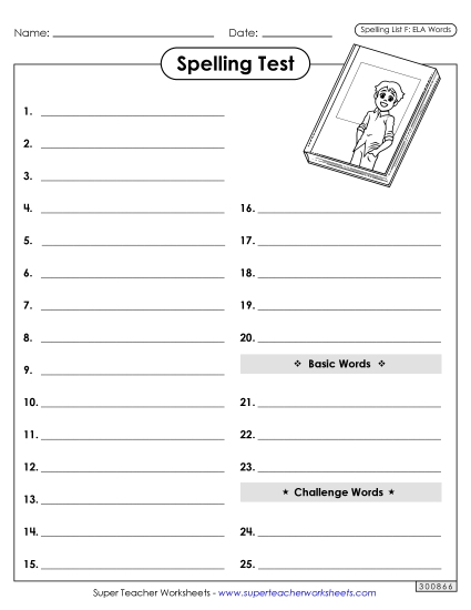 Spelling Test - Spelling Test (ELA) (Printable PDF Worksheet)