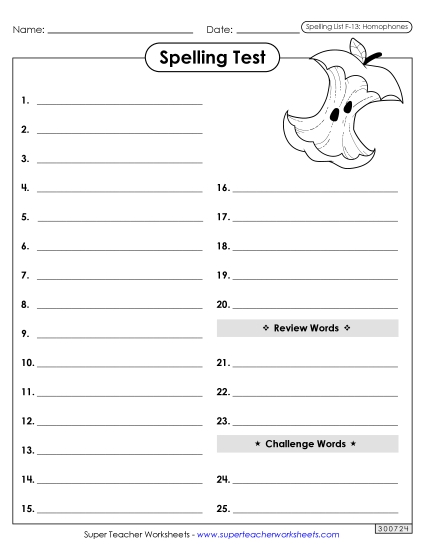 Spelling Test - Spelling Test (F-13) (Printable PDF Worksheet)