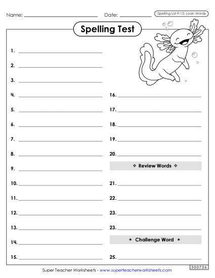 Spelling Test - Spelling Test (F-15) (Printable PDF Worksheet)