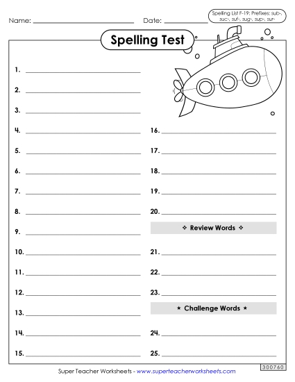 Spelling Test - Spelling Test (F-19) (Printable PDF Worksheet)