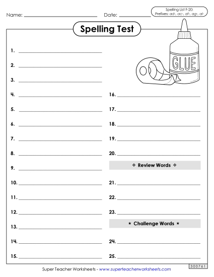 Spelling Test - Spelling Test (F-20) (Printable PDF Worksheet)