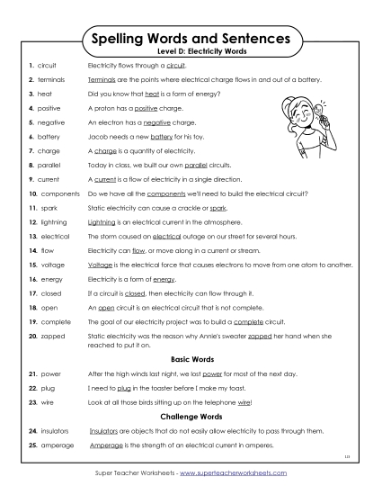 Spelling Test - Spelling Test Sentences (Printable PDF Worksheet)